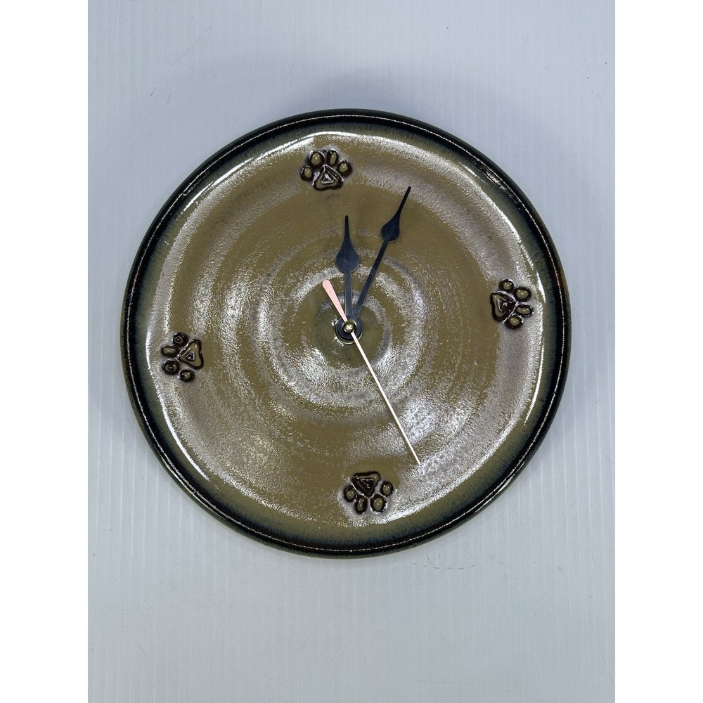 Vintage Hand Thrown Pottery Stoneware 8.5" Clock Folk Art Puppy Dog Cat Paw